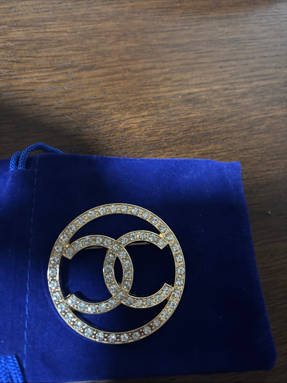 Gold-Tone Crystal Interlocking Circle Brooch - Blue